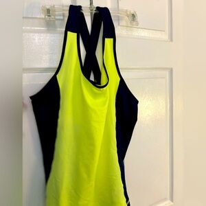 Yoshion Fitness Top, size XL, fluorescent yellow/ blue, criss cross back
